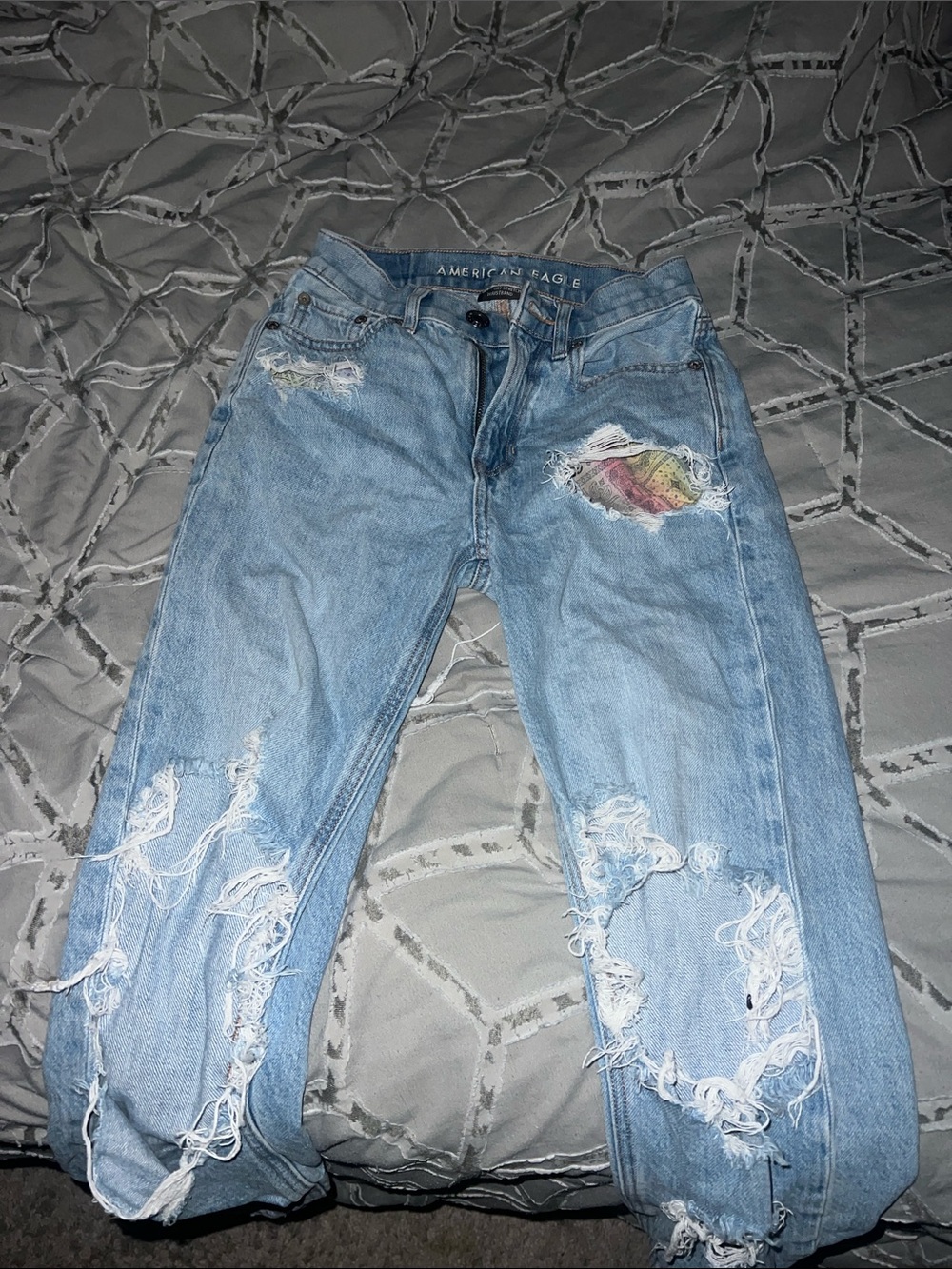 American Eagle Light Blue Distressed Jeans with Colorful Patch